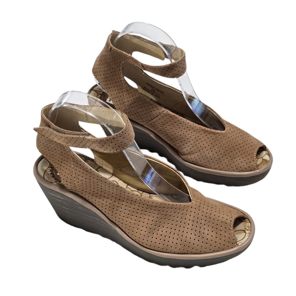 Fly London Yaba Taupe Perforated Suede Wedge Sandals Peep Toe EU 39 P500376030
